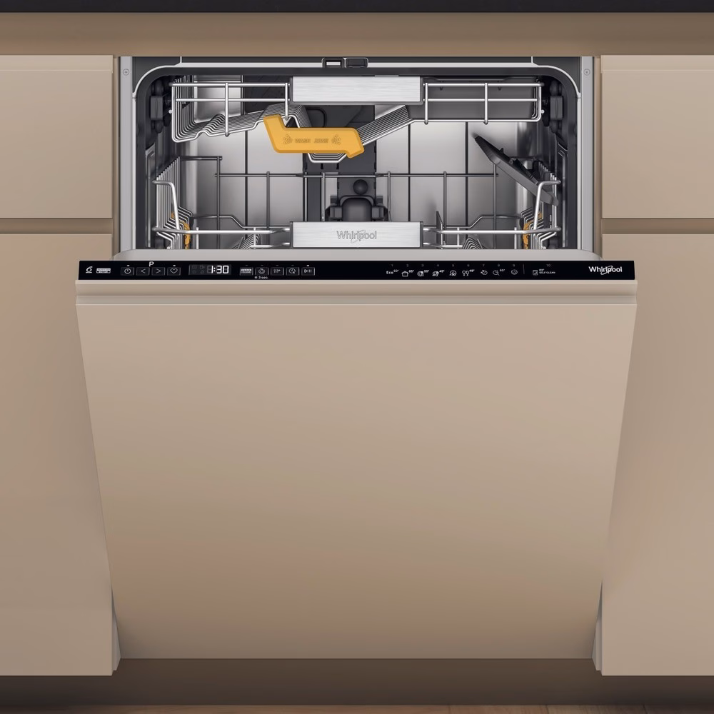 Integreeritav nõudepesumasin Whirlpool W8I HP42 L köögimööbli vahel, uks pooleldi avatud
