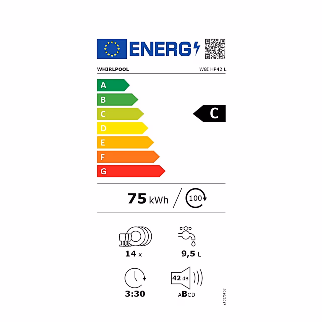 Energiamärgis: energiatõhususe klass C (skaala A–G), Whirlpool W8I HP42 L