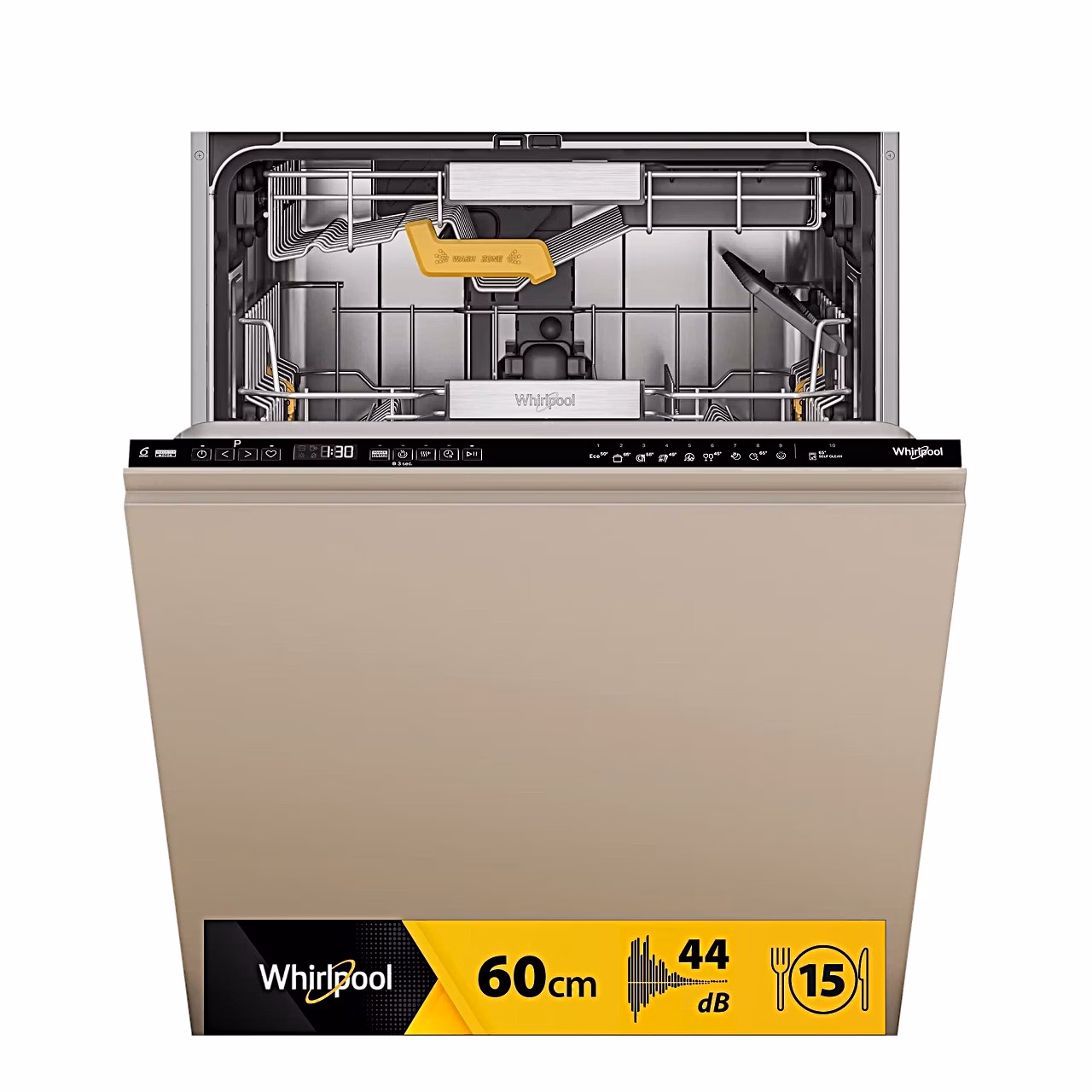 Integreeritav nõudepesumasin Whirlpool WH8IC15B4M6LHC0 mööbliuksega, uks veidi avatud