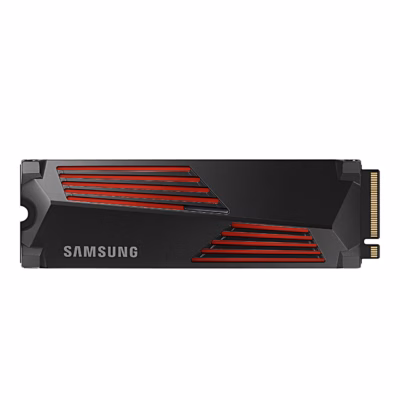Samsung 990 PRO 1 TB SSD-ketas punaste ribidega jahutusplaadi poolt