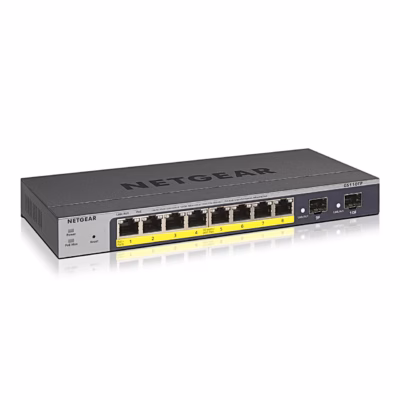 Hall juhitav PoE-võrgulüliti NETGEAR GS110TP kaheksa pordi ja kahe SFP-pesaga nurga alt