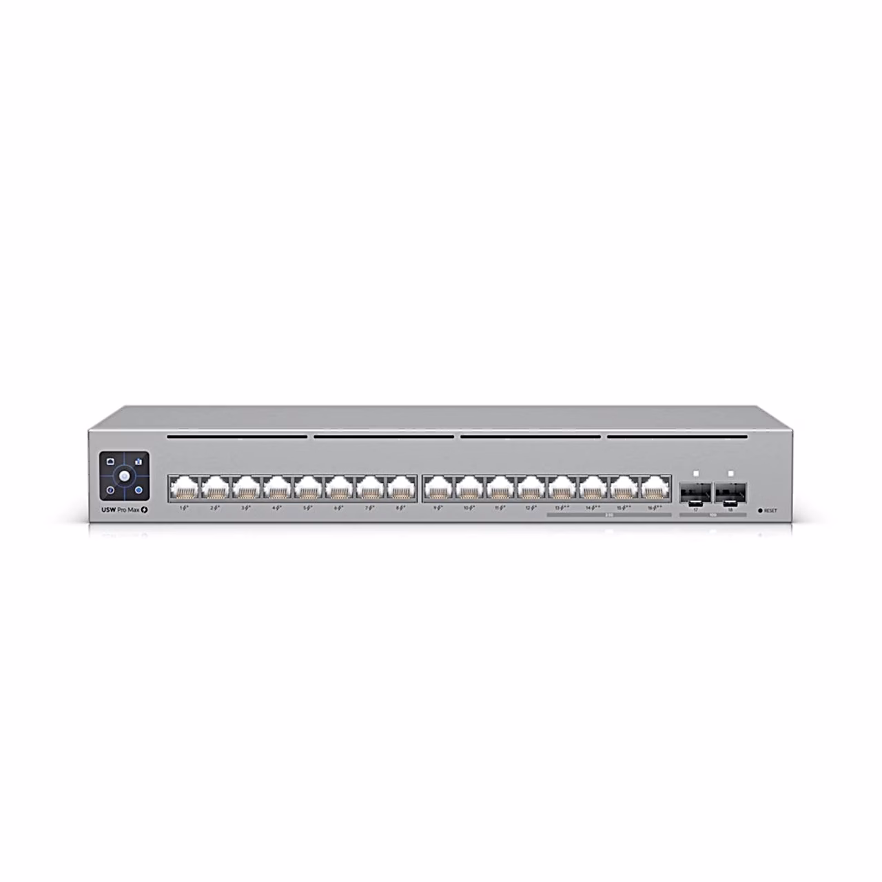 Võrgulüliti Ubiquiti Pro Max 16 PoE esipaneel 16 pordi ja kahe SFP+ pesaga