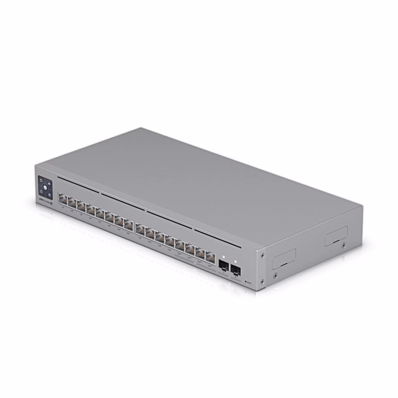 Võrgukommutaator Ubiquiti Pro Max 16 PoE pealtvaates nurga alt