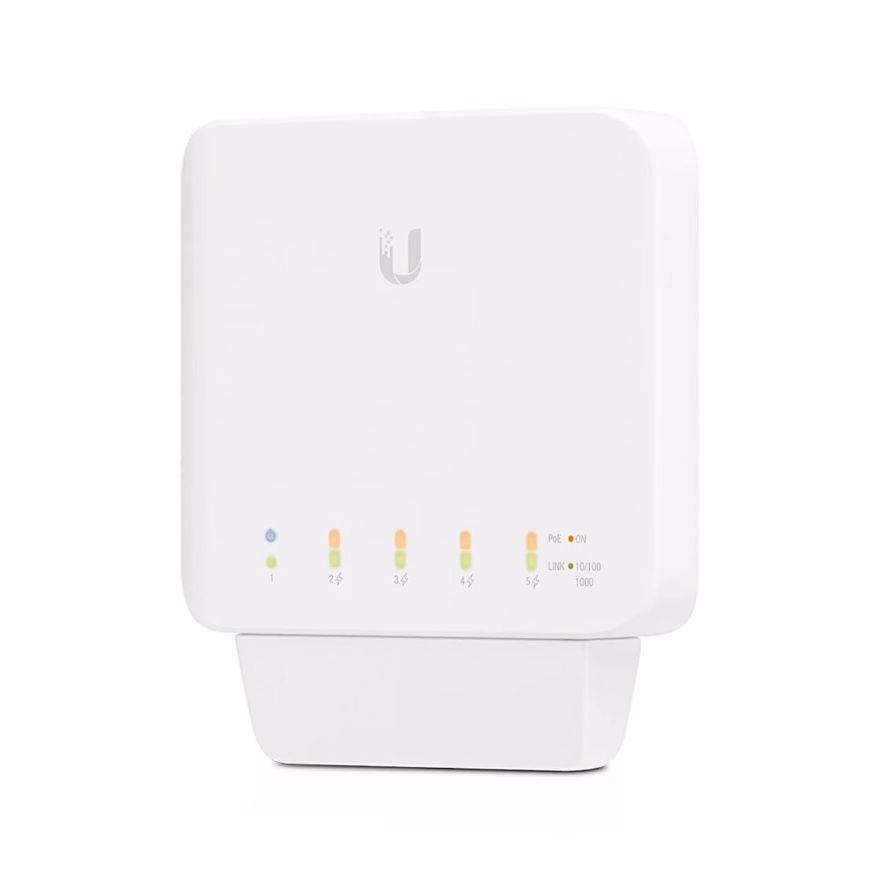 Võrgulüliti Ubiquiti UniFi Switch Flex eestvaade märgutuledega kinnitusel