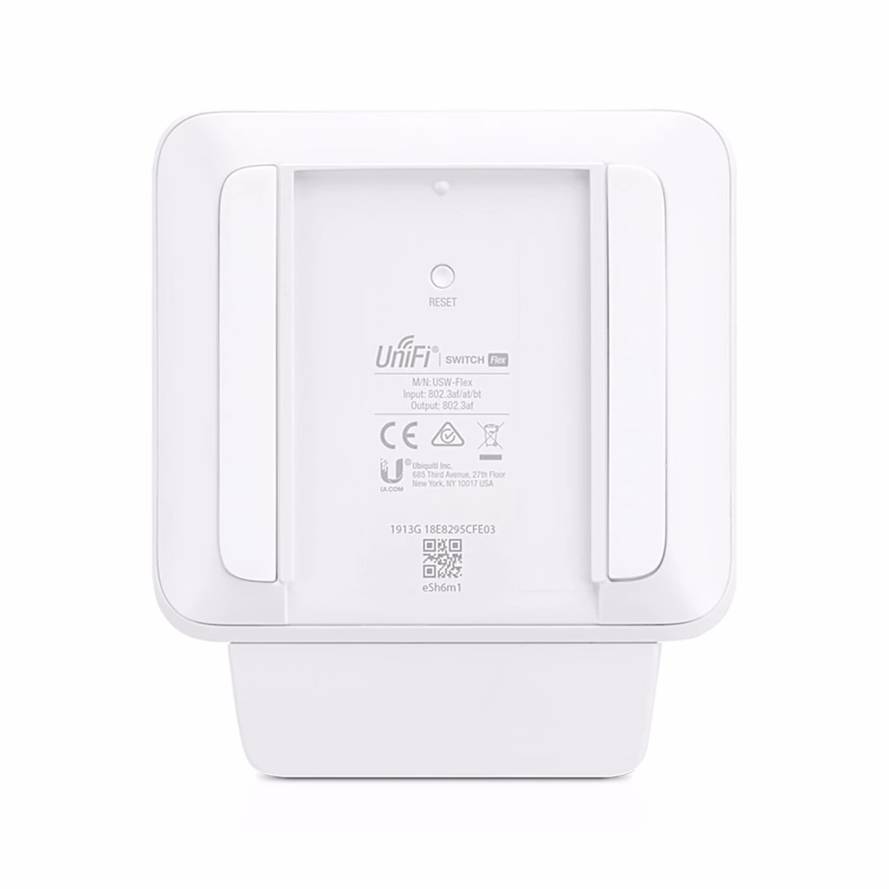 Võrgukommutaatori UniFi Switch Flex tagakülg seinakinnituse ja andmesildiga