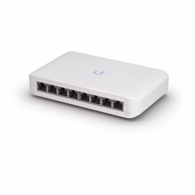 Valge võrgulüliti Ubiquiti UniFi Switch Lite 8 PoE eest nurga alt