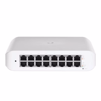 Valge juhitav PoE-võrgulüliti Ubiquiti USW-Lite-16-PoE eestvaates, 16 RJ45-porti