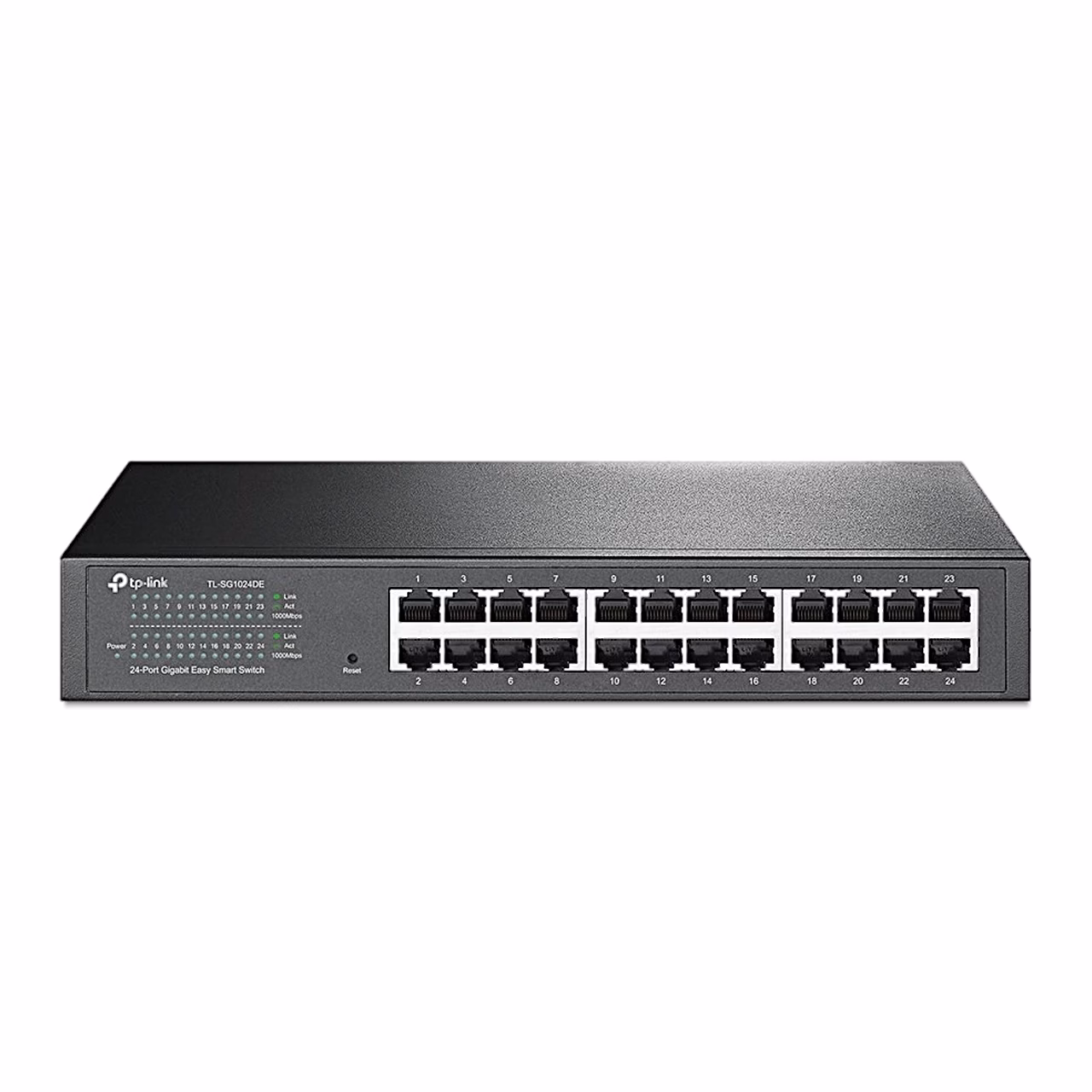 Juhitav võrgulüliti TP-Link TL-SG1024DE eestvaates, 24 RJ45-porti ja märgutuled