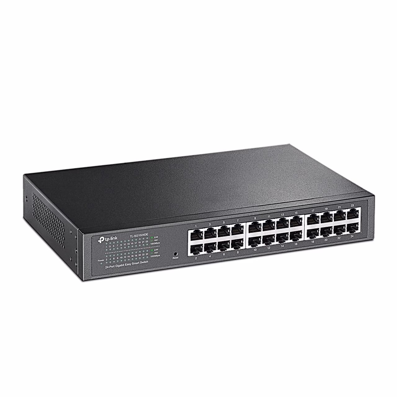 Võrgulüliti TP-Link TL-SG1024DE nurga alt, musta metallkorpusega