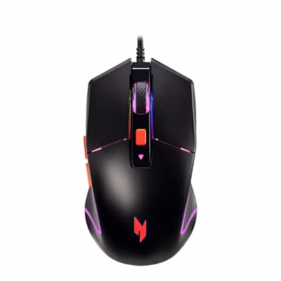 Must juhtmega hiir Acer Nitro NMW100 ülalt, lilla valgustus ja punased nupud