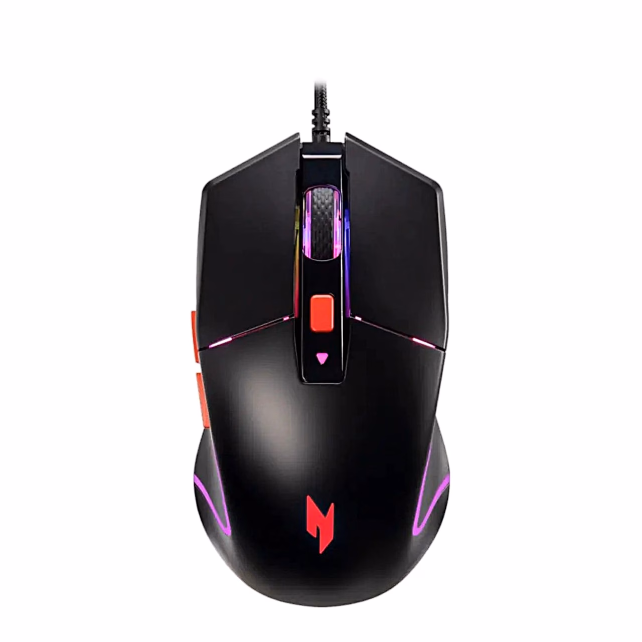 Must juhtmega hiir Acer Nitro NMW100 ülalt, lilla valgustus ja punased nupud