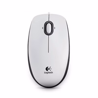 Valge juhtmega hiir Logitech B100 kerimisratta ja kaabliga pealtvaates