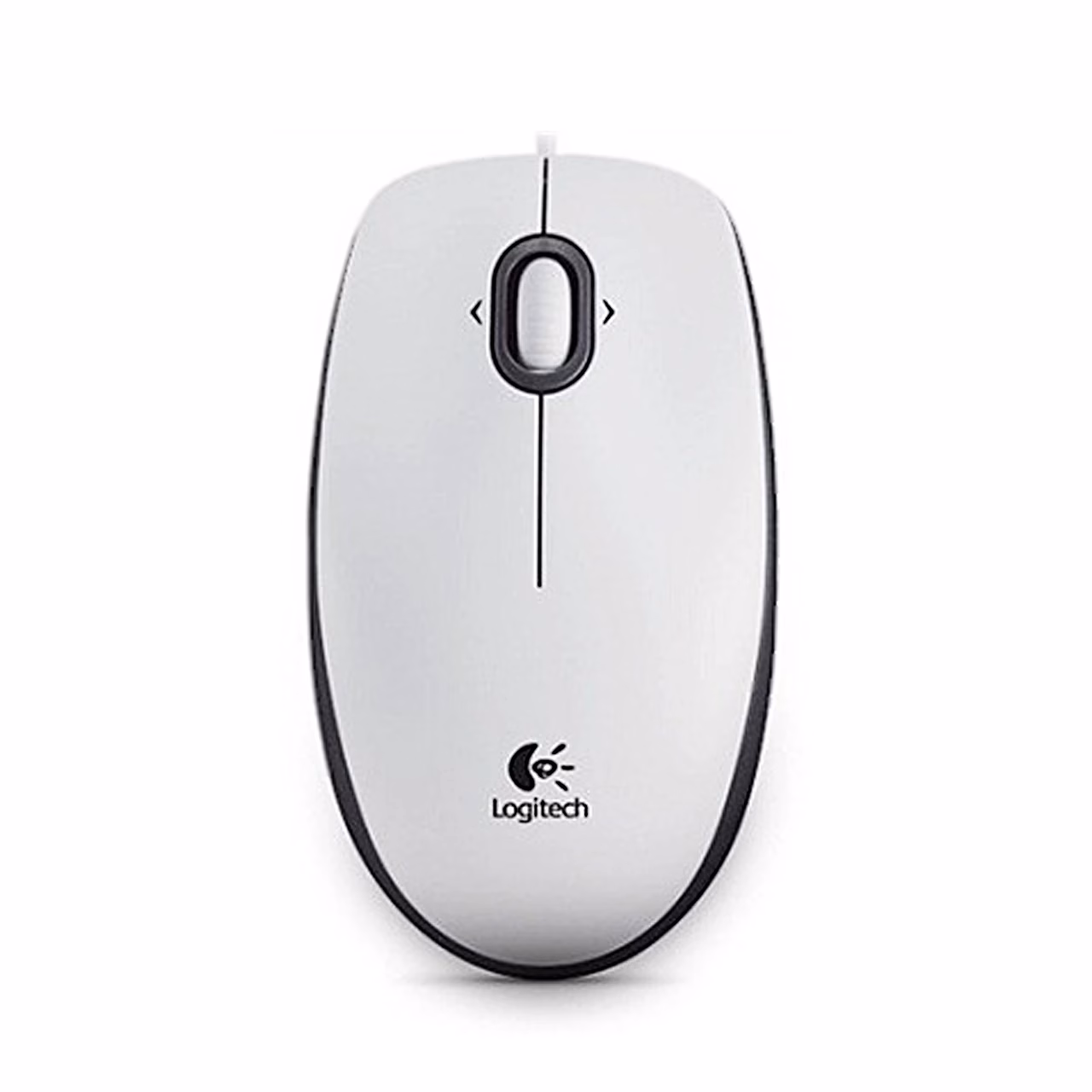 Valge juhtmega hiir Logitech B100 kerimisratta ja kaabliga pealtvaates