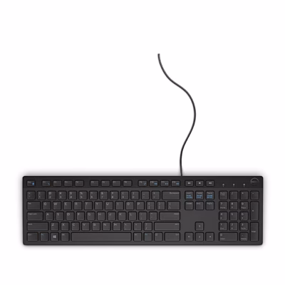 Juhtmega klaviatuur Dell KB216 pealtvaates koos USB-kaabliga