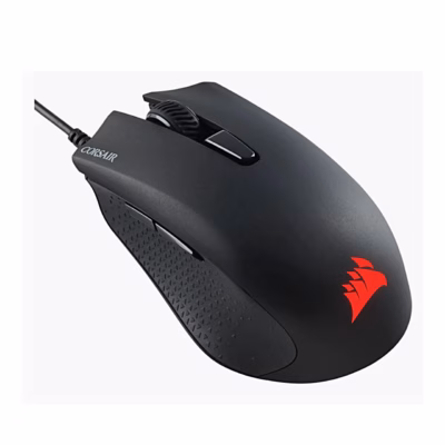 Must mängurihiir Corsair HARPOON RGB PRO kaldu, punase valgusega logo ja külgnupud