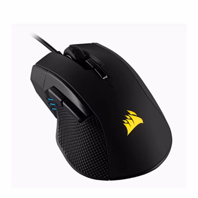 Corsair IRONCLAW RGB mängurihiir vasakult, kollane logo ja külgnupud