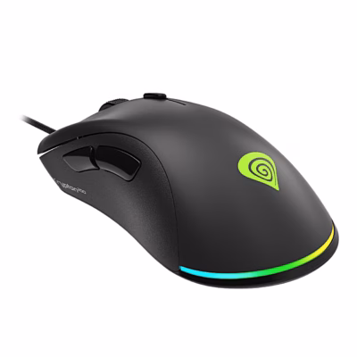 Juhtmega mängurihiir Genesis Krypton 200 eest vaadatuna, põhja ümber RGB-valgusriba