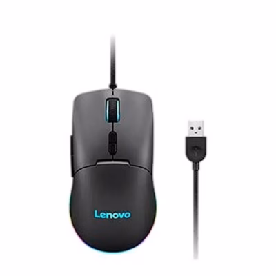 Juhtmega mängurihiir Lenovo M210 RGB ülalt koos kaabli ja USB-A-pistikuga
