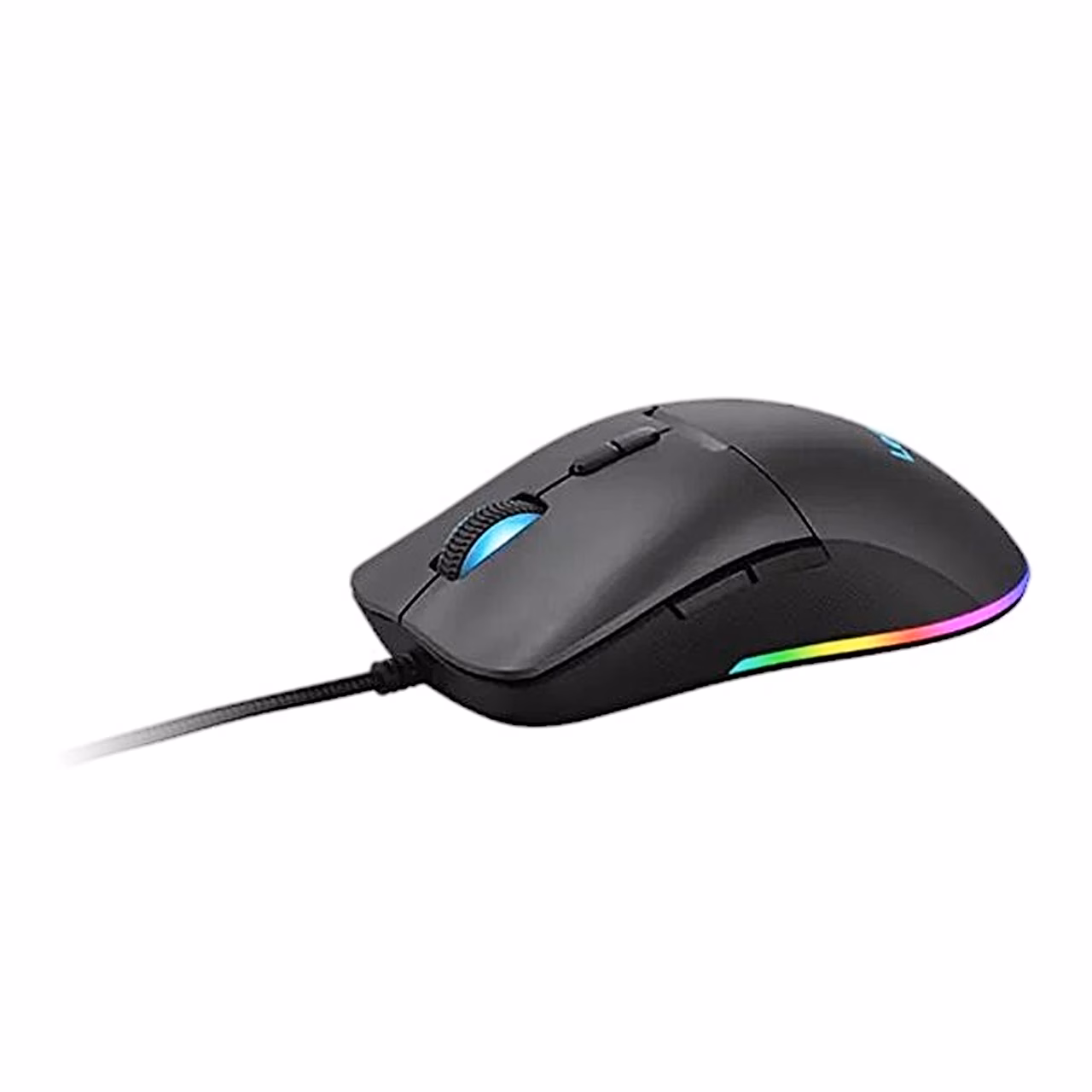 Lenovo M210 RGB mängurihiir küljelt, helendav RGB-serv ja kaabel