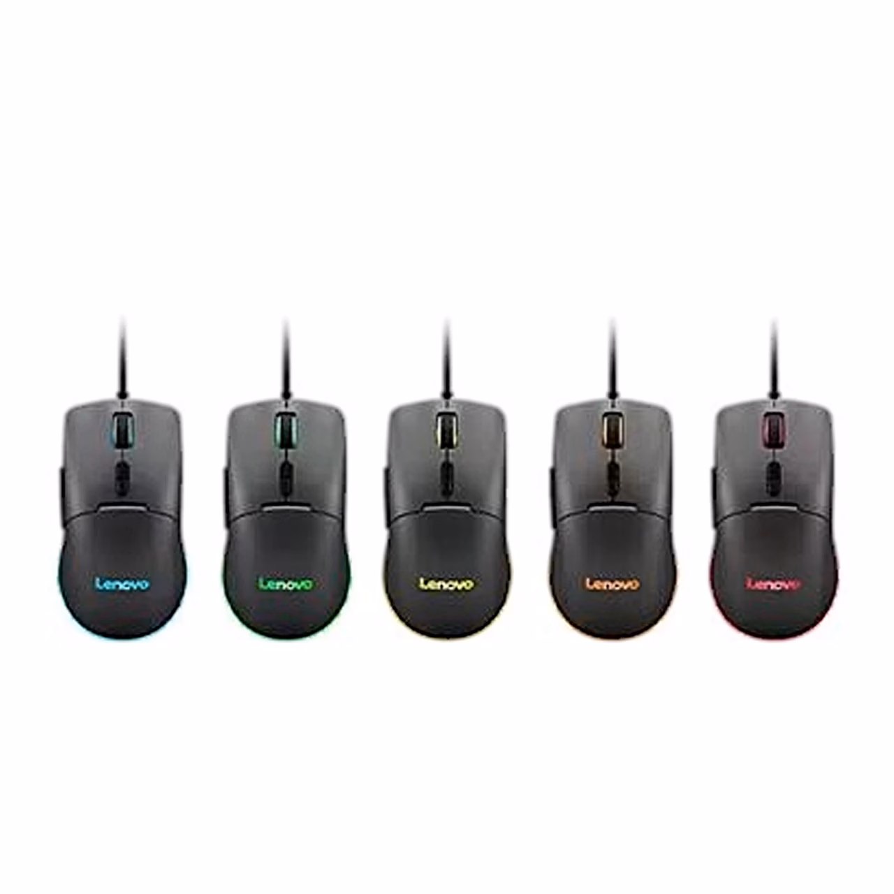 Viis Lenovo M210 RGB hiirt erinevat värvi taustvalgusega kõrvuti