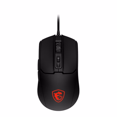 Mängurihiir MSI FORGE GM100 pealtvaates punase draakonilogo ja kaabliga
