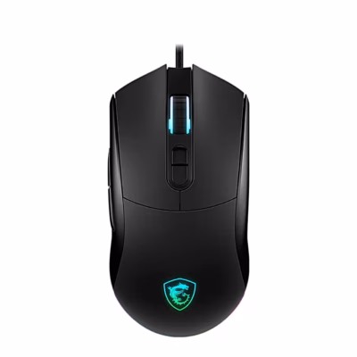 Must juhtmega mängurihiir MSI FORGE GM320 pealtvaates helendava logoga