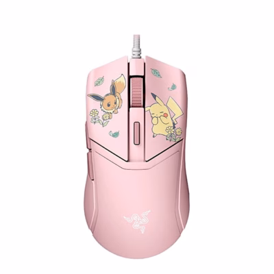 Roosa juhtmega mängurihiir Razer Cobra Pikachu ja Eevee joonistustega pealtvaates