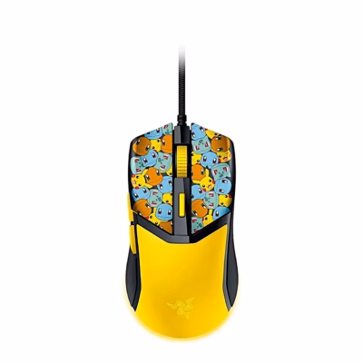 Juhtmega mängurihiir Razer Cobra Pokémon Edition ülalt, kollane korpus ja tegelaste muster
