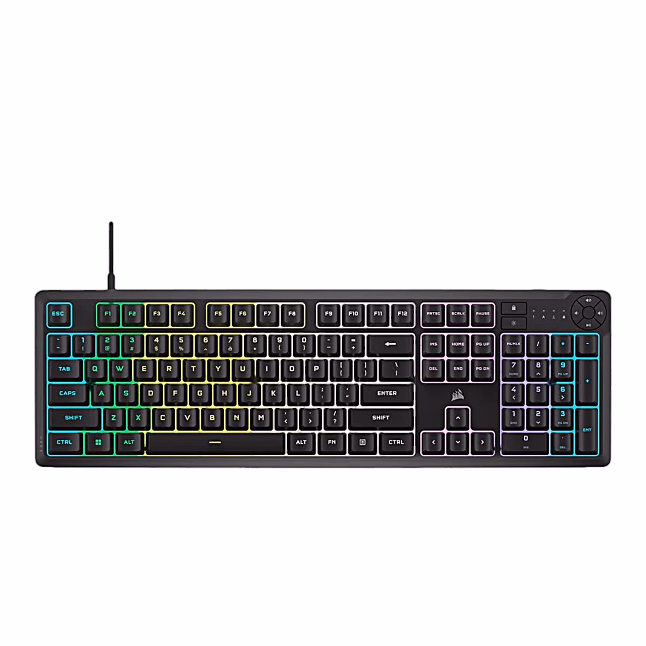 Mänguriklaviatuur Corsair K55 CORE RGB ülaltvaates, kõik valgustustsoonid põlemas