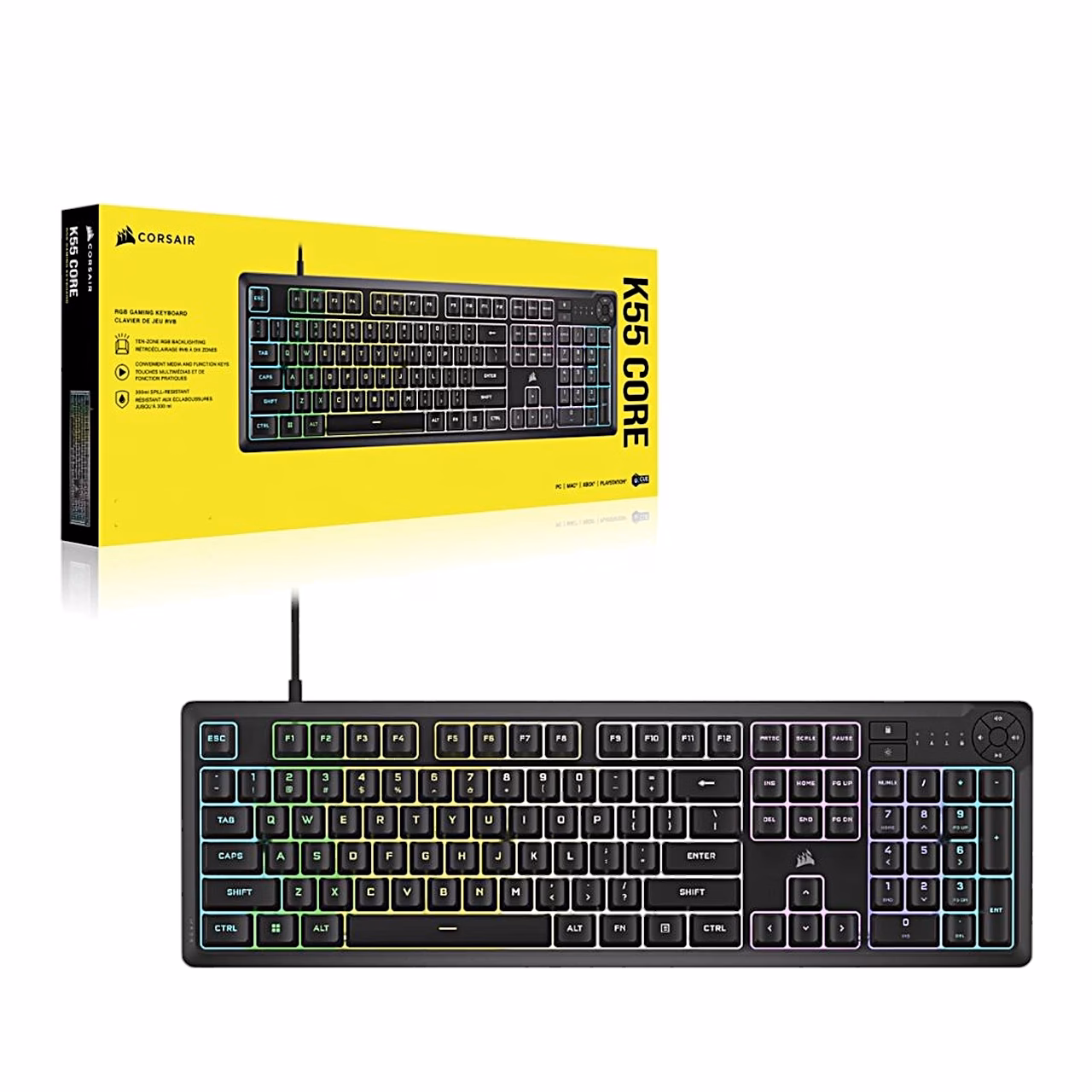Corsair K55 CORE RGB klaviatuur koos kollase müügikarbiga