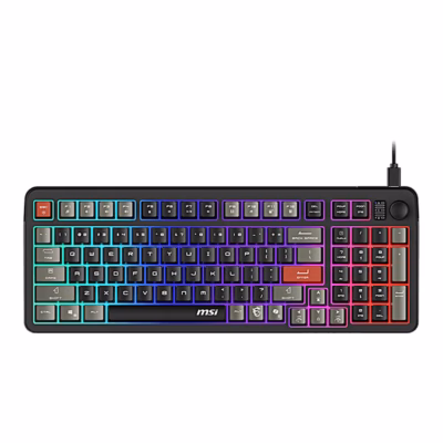 MSI FORGE GK110 mänguriklaviatuur pealtvaates RGB-valgustuse ja helitugevuse rattaga