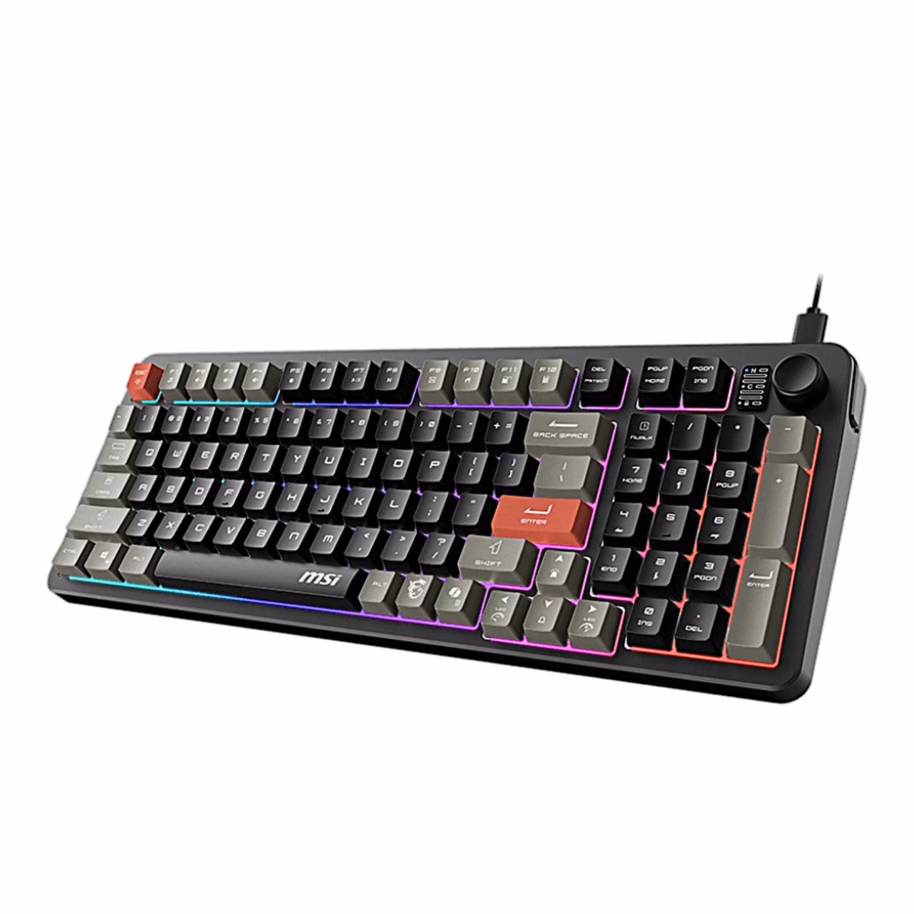 MSI FORGE GK110 klaviatuur nurga alt vasakult, hallid ja mustad klahvid