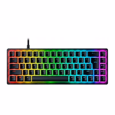 Razer Huntsman V3 HE Mini 65% klaviatuur ülaltvaates, RGB-valgustus põleb