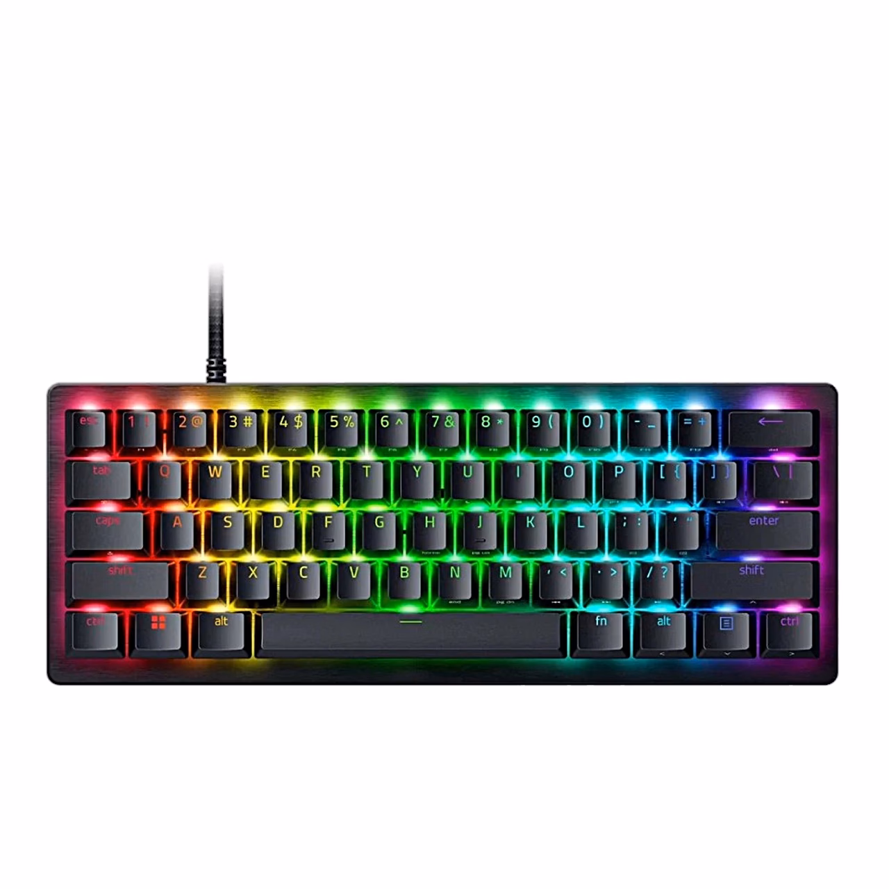 Razer Huntsman V3 Pro Mini mänguriklaviatuur ülaltvaates, RGB-valgustus põleb