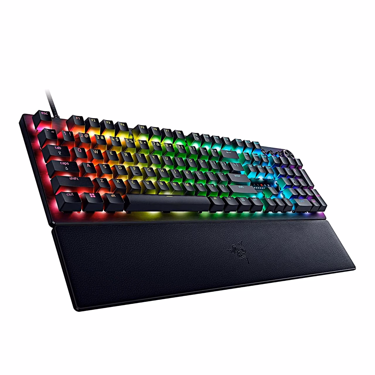 Razer Huntsman V3 Pro valgustatud klahvid ja kunstnahkkattega randmetugi paremalt