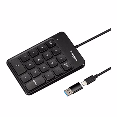 Targus Numeric EcoSmart numbriklaviatuur ülalt koos USB-C-pistiku ja adapteriga