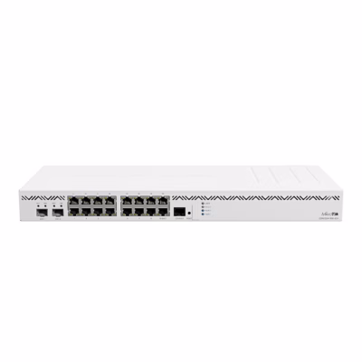 Juhtmega ruuter MikroTik CCR2004-16G-2S+ eestvaates 16 Ethernet-pordi ja 2 SFP+ pesaga