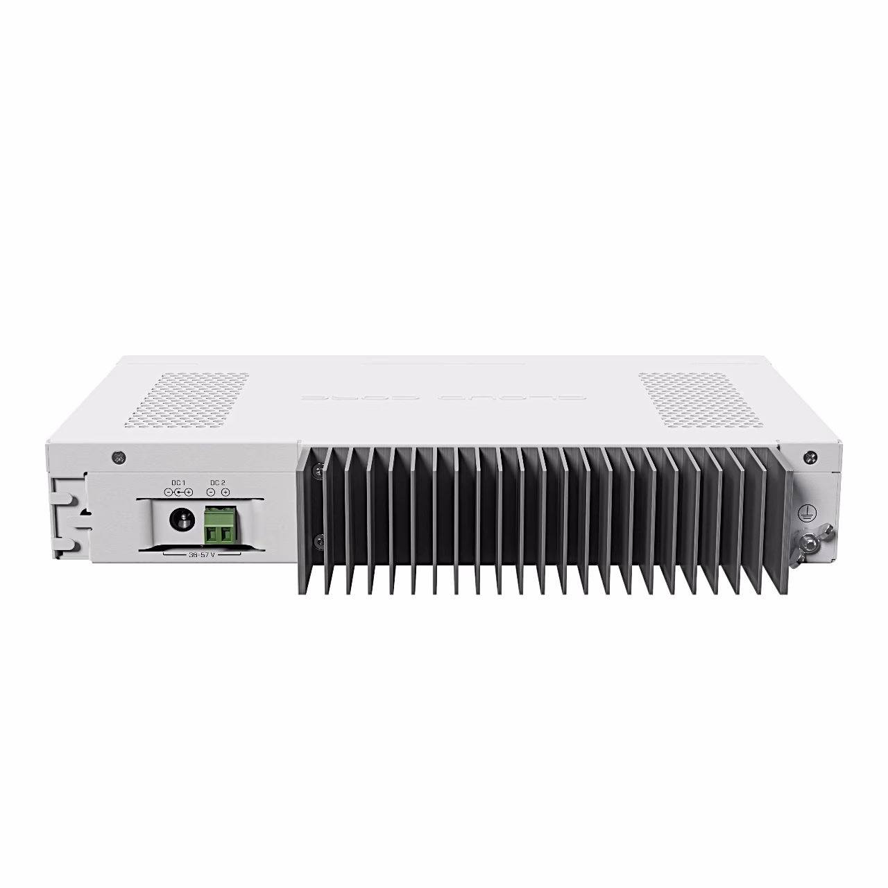 MikroTik CCR2004-16G-2S+PC tagakülg jahutusradiaatori ja kahe toitesisendiga