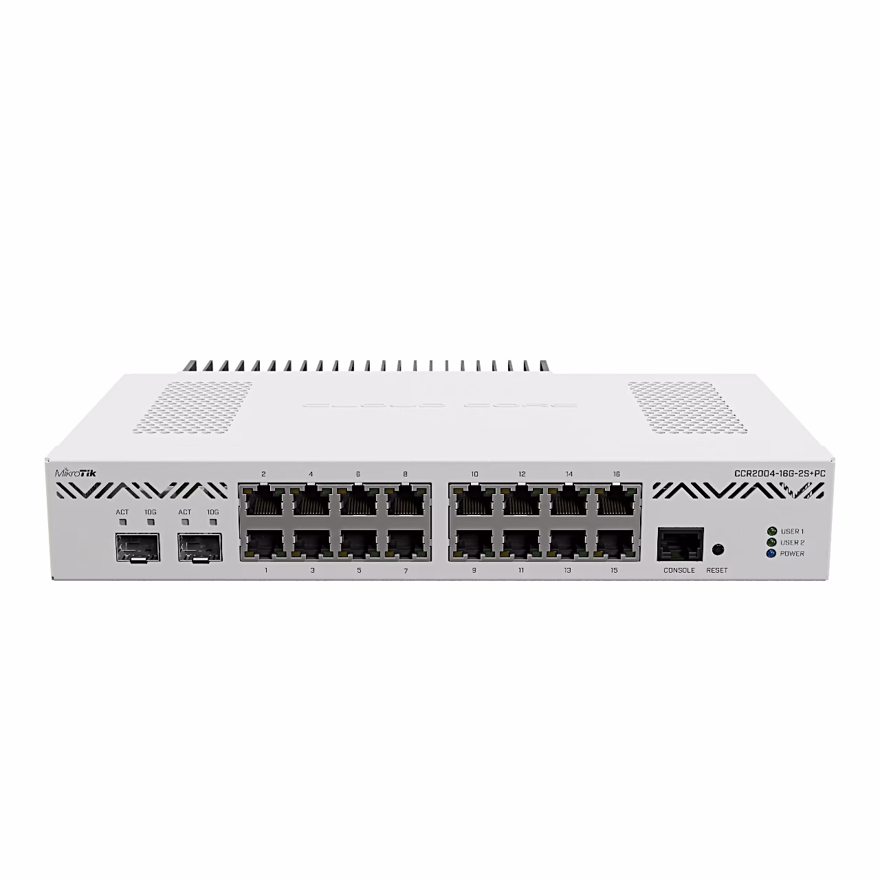 Juhtmega ruuter MikroTik CCR2004-16G-2S+PC eestvaates, 16 Etherneti porti ja kaks SFP+ pesa