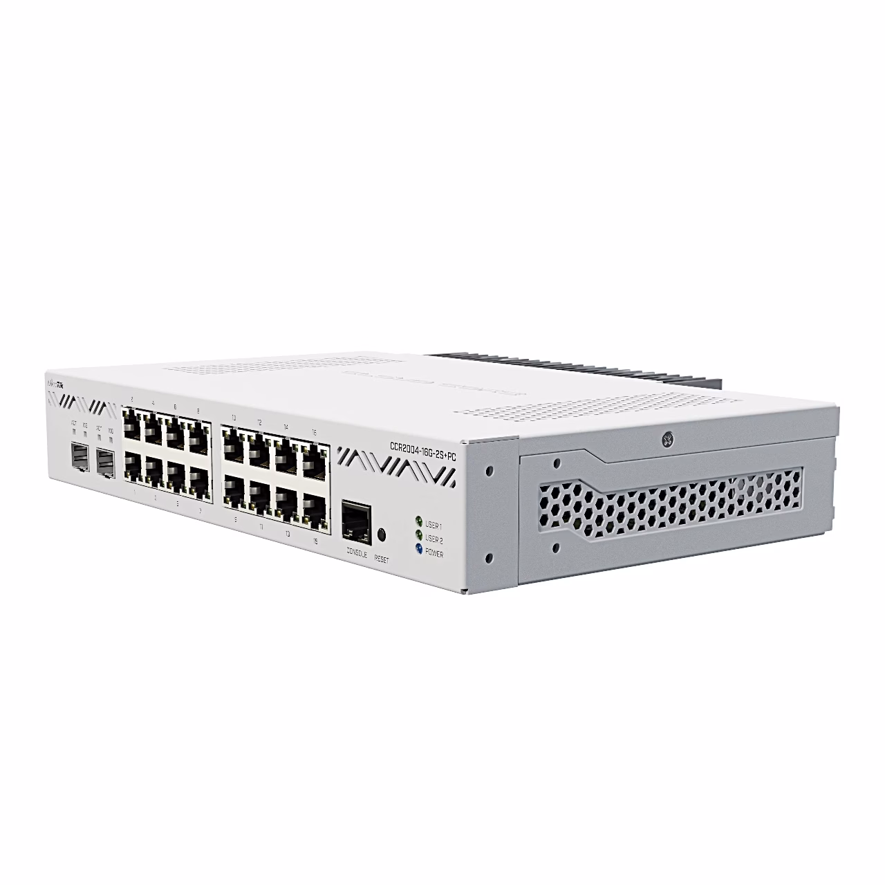 MikroTik CCR2004-16G-2S+PC marsruuter viltu paremalt, külgmised ventilatsiooniavad