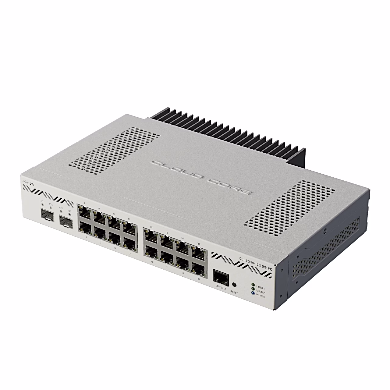 MikroTik CCR2004-16G-2S+PC ruuter ülalt viltu, pealmine kaas ja radiaatori ribid