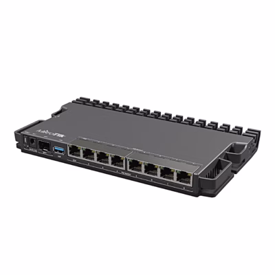Must juhtmega ruuter MikroTik RB5009UPr+S+IN nurga alt, kaheksa RJ-45 porti esiküljel