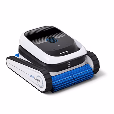Valge-sinine basseinirobot Ecovacs ULTRAMARINE P1 roomikute ja rullharjaga eestvaates