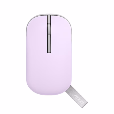 Juhtmevaba hiir ASUS Marshmallow MD100 lilla kattega pealtvaates, kanderihm väljas