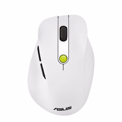 Juhtmevaba hiir ASUS MD105 Volt Green ülaltvaates, valge korpus rohelise nupuga