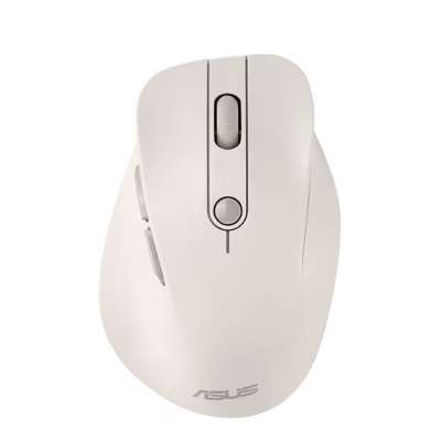 Valge juhtmevaba hiir ASUS MD105 ülaltvaates, kerimisratas ja DPI-nupp