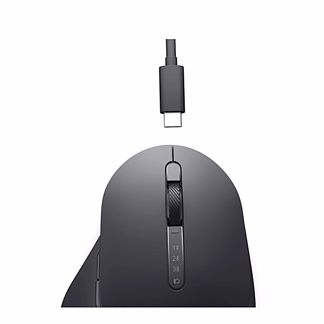 Dell MS900 ja USB-C laadimiskaabli pistik hiire esiosa kohal