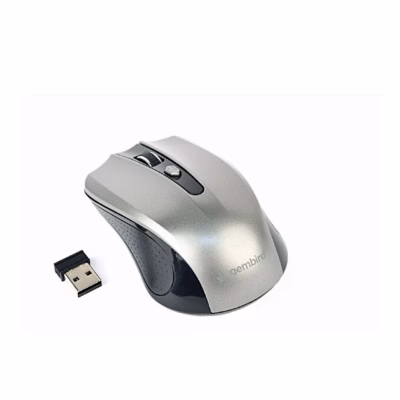 Hall-must juhtmevaba hiir Gembird MUSW-4B-04-BG ja USB-nanovastuvõtja valgel taustal