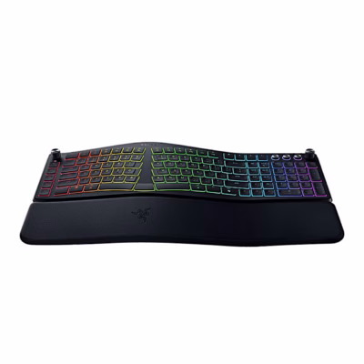 Razer Pro Type Ergo poolitatud klaviatuur randmetoe ja RGB-taustavalgusega eestvaates