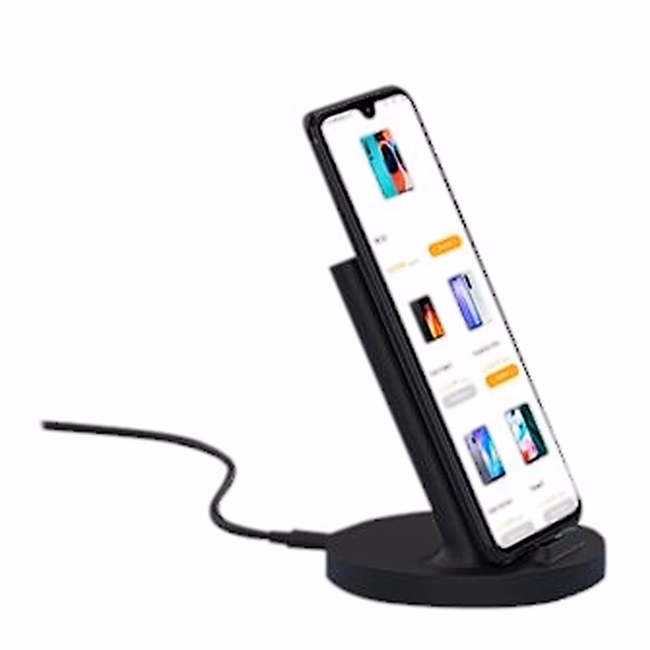 Xiaomi WPC02ZM laadimisalus püsti asetatud telefoniga külgvaates